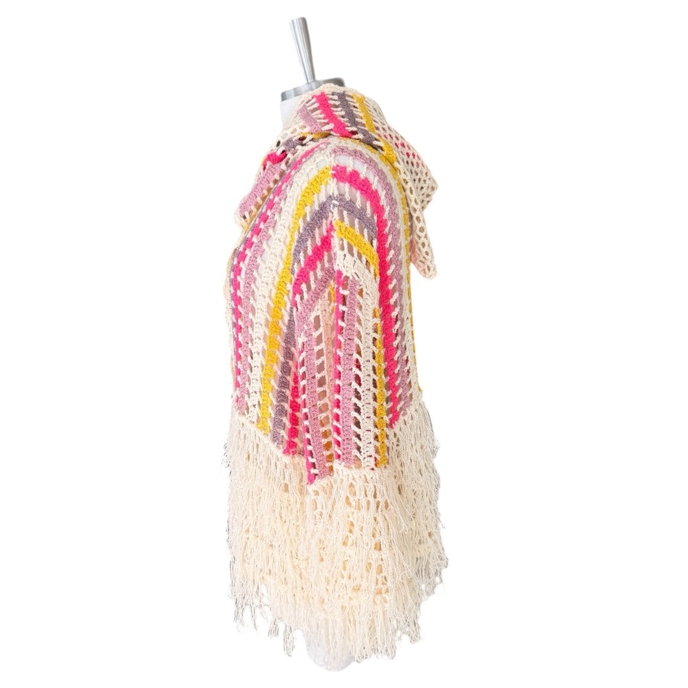 POL Openwork Crochet Fringe Cardigan in Cream, Yellow & Pink Size Large Hooded - Picture 6 of 9